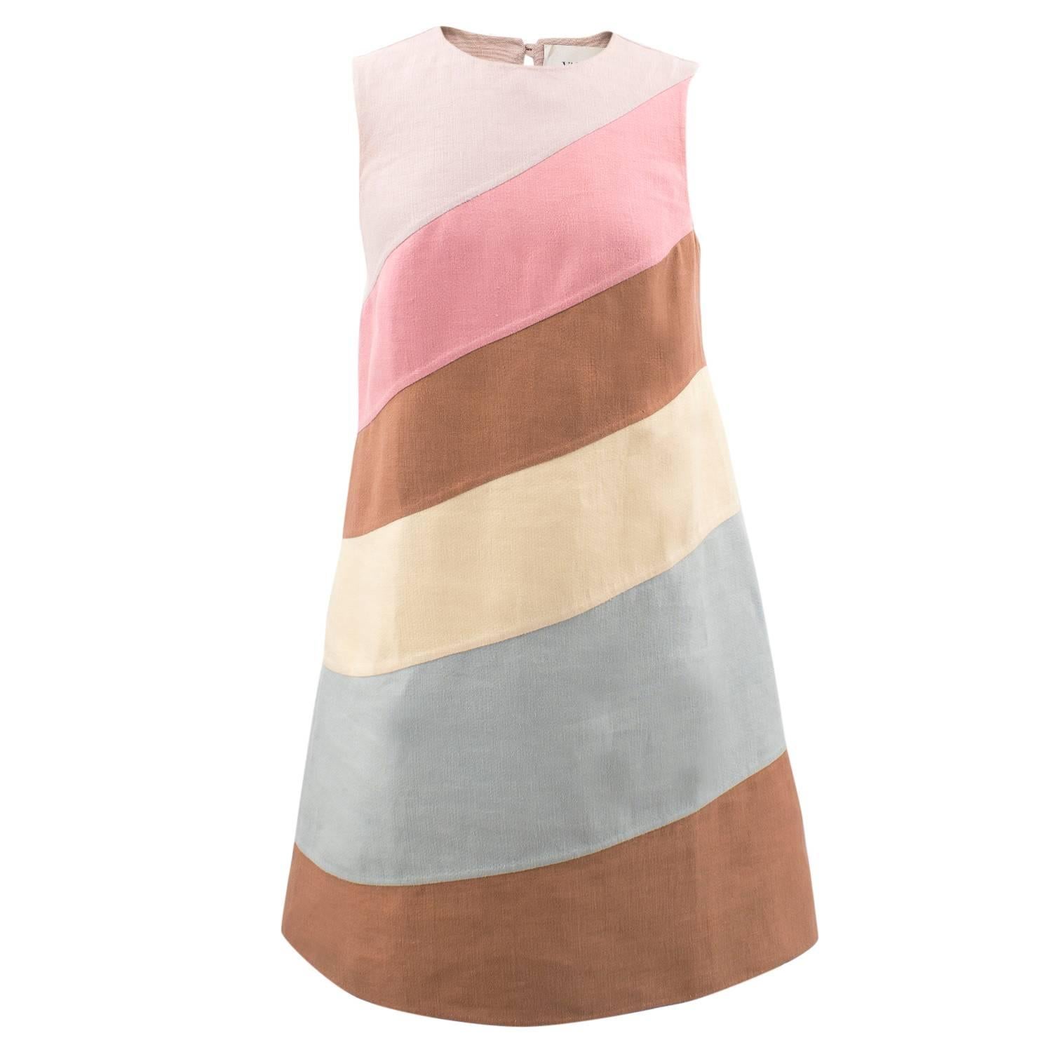 Valentino multicoloured dress

- Multicoloured vertical stripes which wrap around the dress
- Sleeveless
- High neck
- Button key hole closure situated at the back of the dress
- Lightweight, summer dress

Measurements: Size Label Is Missing But