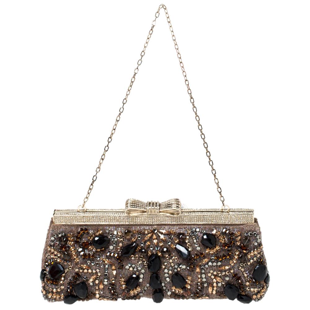 Valentino Multicolor Beaded Fabric Crystal Embellishment Frame Chain Clutch