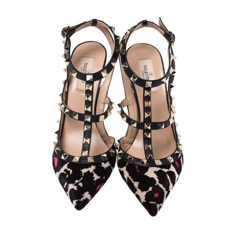 Valentino Multicolor Black Leather Ankle Strap Rockstud Sandals Size 39
