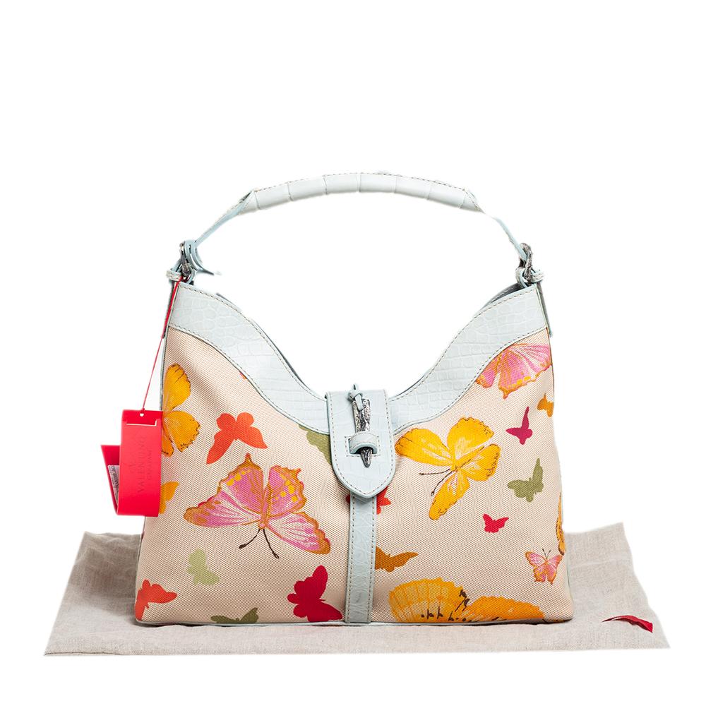 Valentino Multicolor Butterfly Print Canvas and Croc Embossed Leather Hobo 4