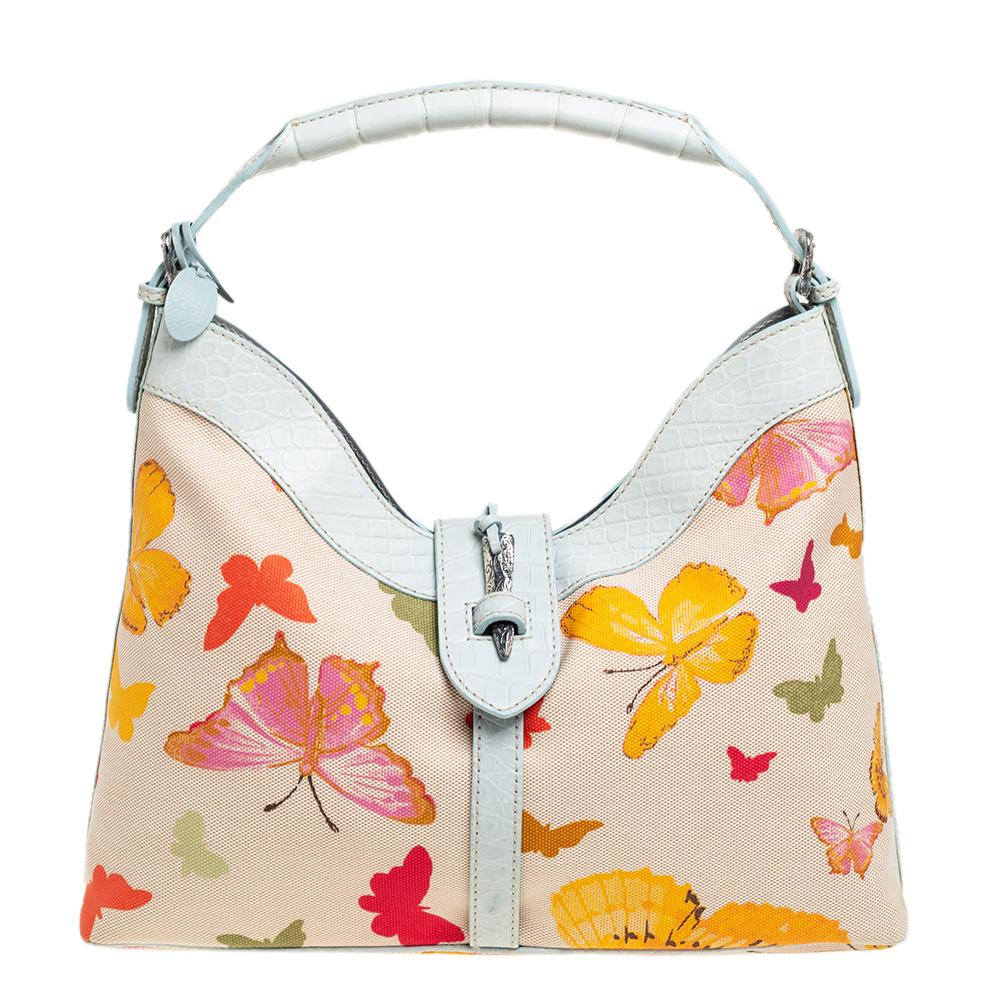 Valentino Multicolor Butterfly Print Canvas and Croc Embossed Leather Hobo