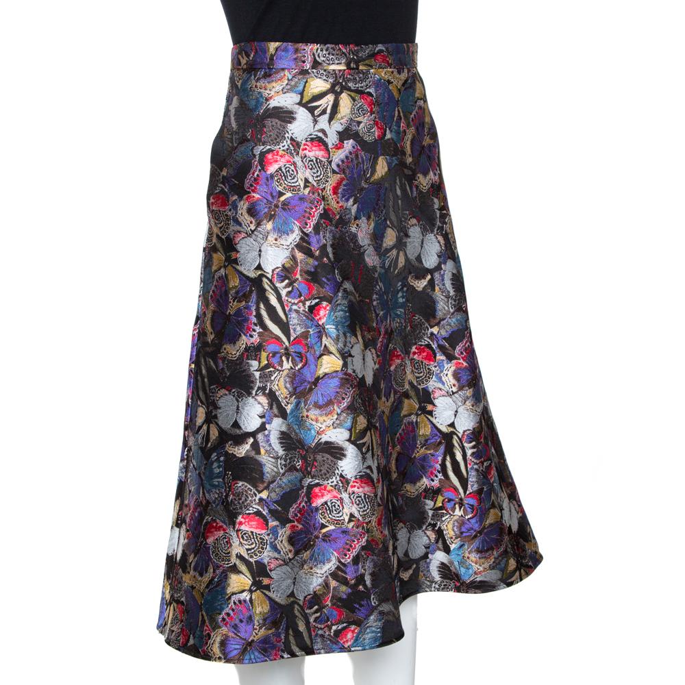 Black Valentino Multicolor Butterfly Silk Brocade Midi Skirt M