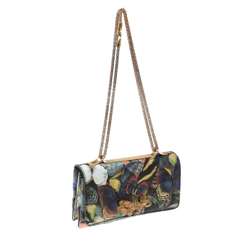 Black Valentino Multicolor Canvas and Leather Butterfly Mixed Media Shoulder Bag