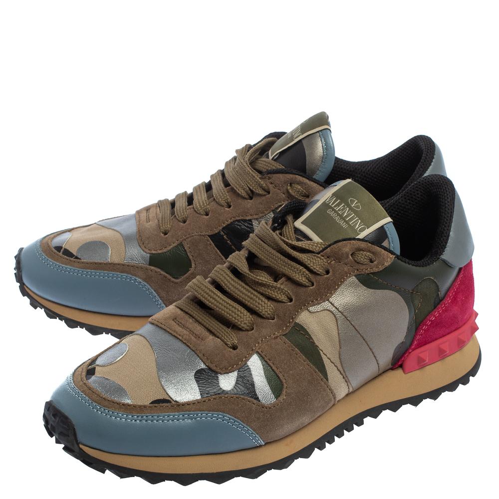 Women's Valentino Multicolor Canvas And Suede Rockrunner Camouflage Sneakers Size 38