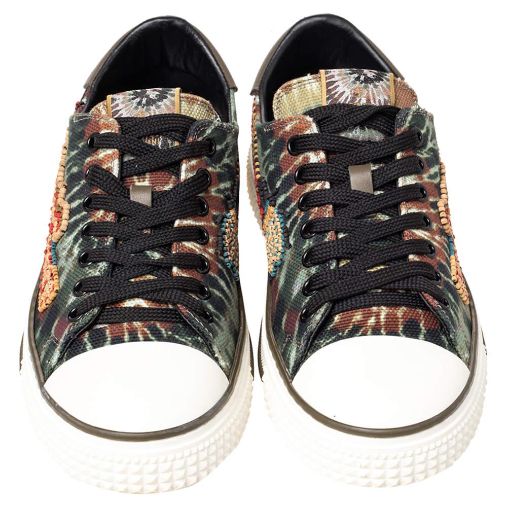 Beige Valentino Multicolor Canvas Rubber Cap Toe Embellished Low Top Sneakers Size 38 For Sale