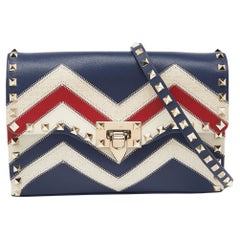 Used Valentino Multicolor Chevron Leather and Canvas Rockstud Crossbody Bag