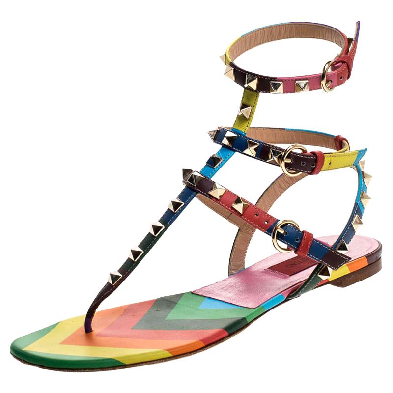 Valentino Multicolor Chevron Print Leather Rockstud Thong Flat Sandals Size 37.5