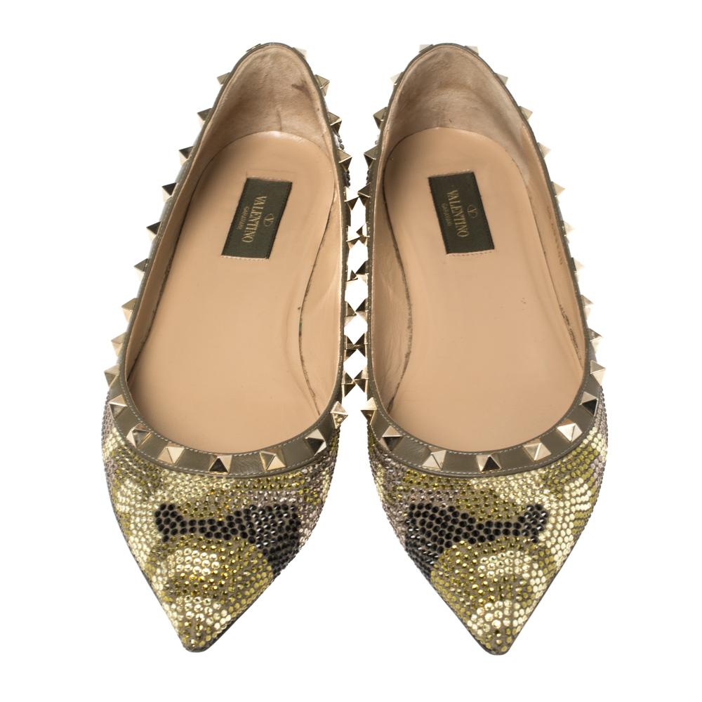 Instantly recognizable, the ballet flats from Valentino are one of the most iconic styles from the brand. These flats have been crafted from suede and embellished with crystals in a camouflage pattern, and styled with the signature Rockstud accents