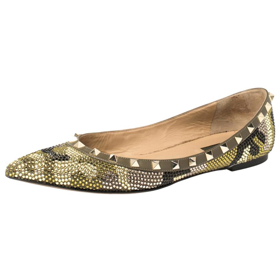 Valentino Multicolor Crystal Embellished Suede Leather Rockstud Pointed Toe Flat