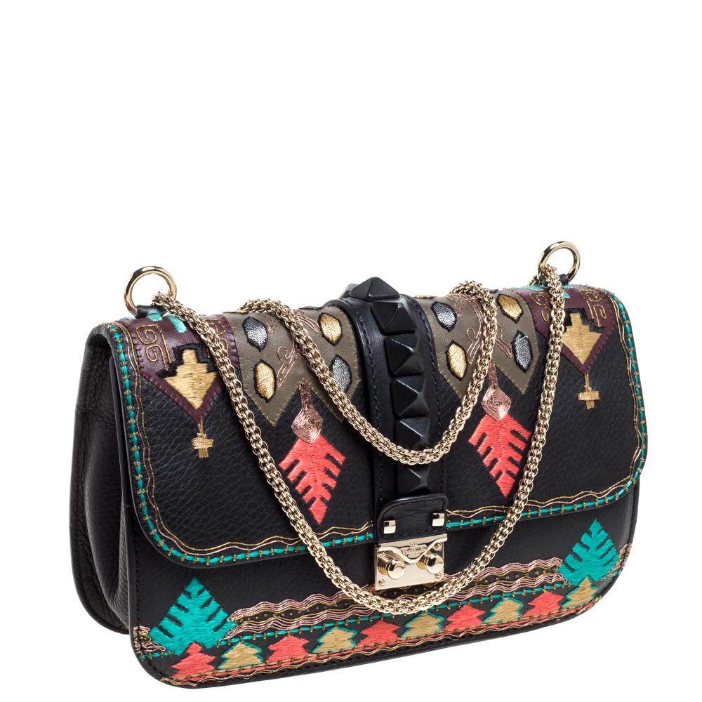 Valentino Multicolor Embroidered Leather Medium Glam Lock Flap Bag In Good Condition In Dubai, Al Qouz 2