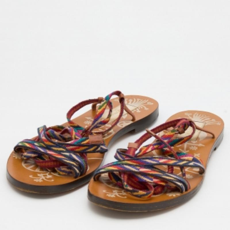 Brown Valentino Multicolor Fabric Ankle Wrap Flat Sandals Size 36.5