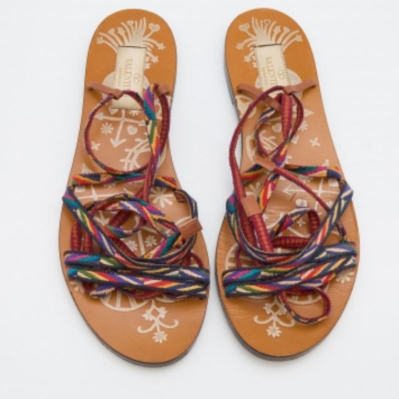 Valentino Multicolor Fabric Ankle Wrap Flat Sandals Size 36.5 In Good Condition In Dubai, Al Qouz 2