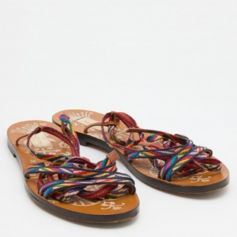 Women's Valentino Multicolor Fabric Ankle Wrap Flat Sandals Size 36.5