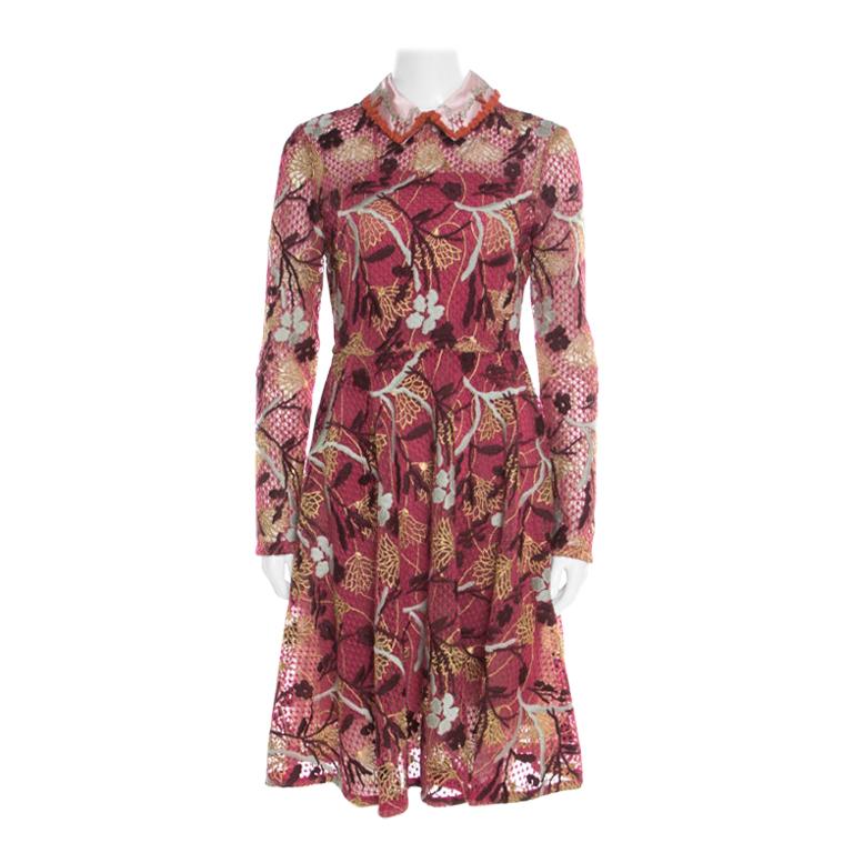 Valentino Multicolor Floral Embroidered Tulle Lurex Detail Long Sleeve Dress S