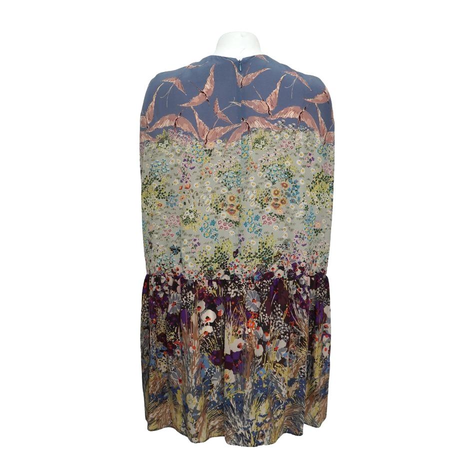 Gray Valentino Multicolor Floral Landscape Silk Cape Mini Dress For Sale