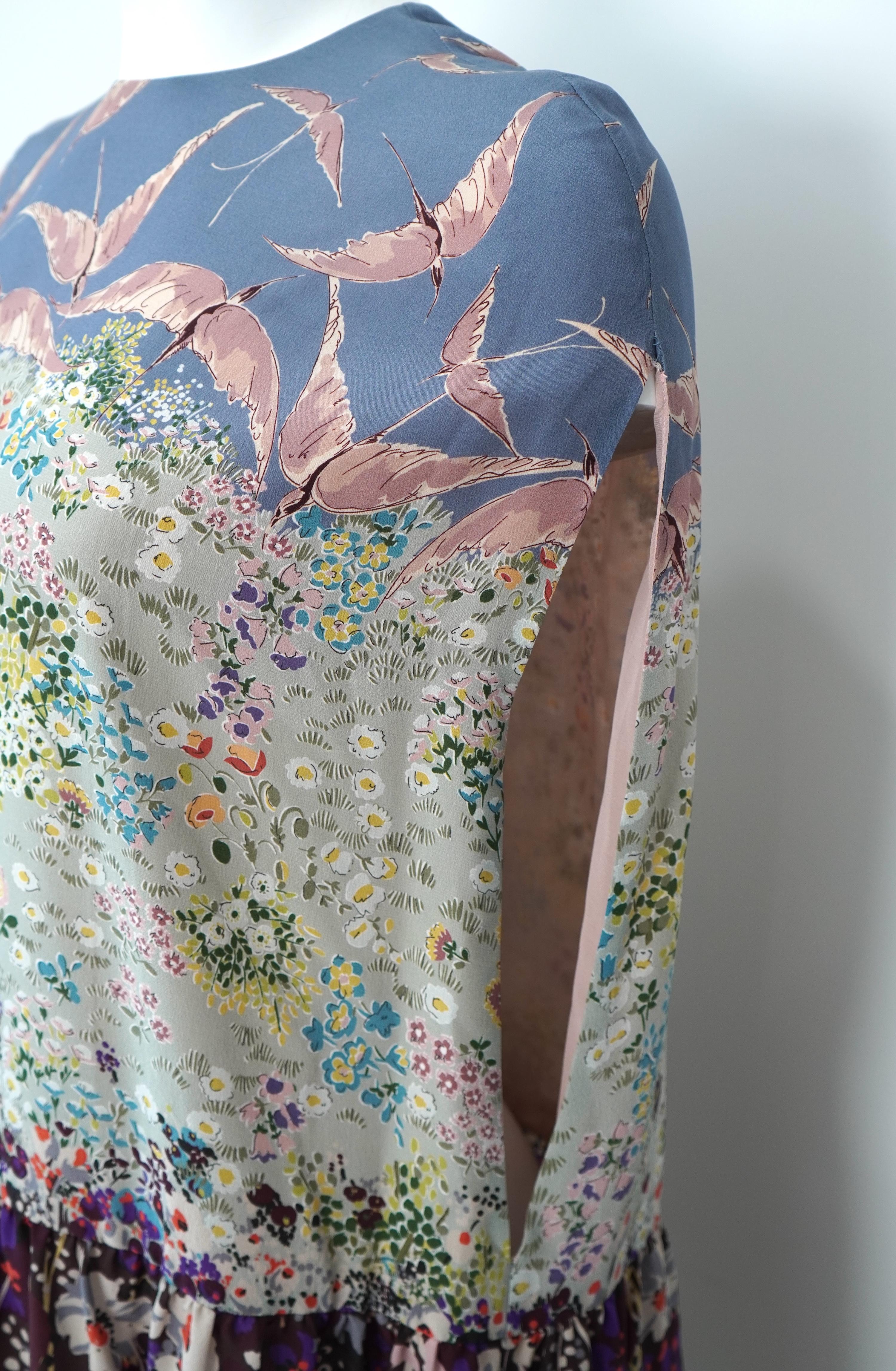 Valentino Multicolor Floral Landscape Silk Cape Mini Dress In Good Condition For Sale In Beverly Hills, CA