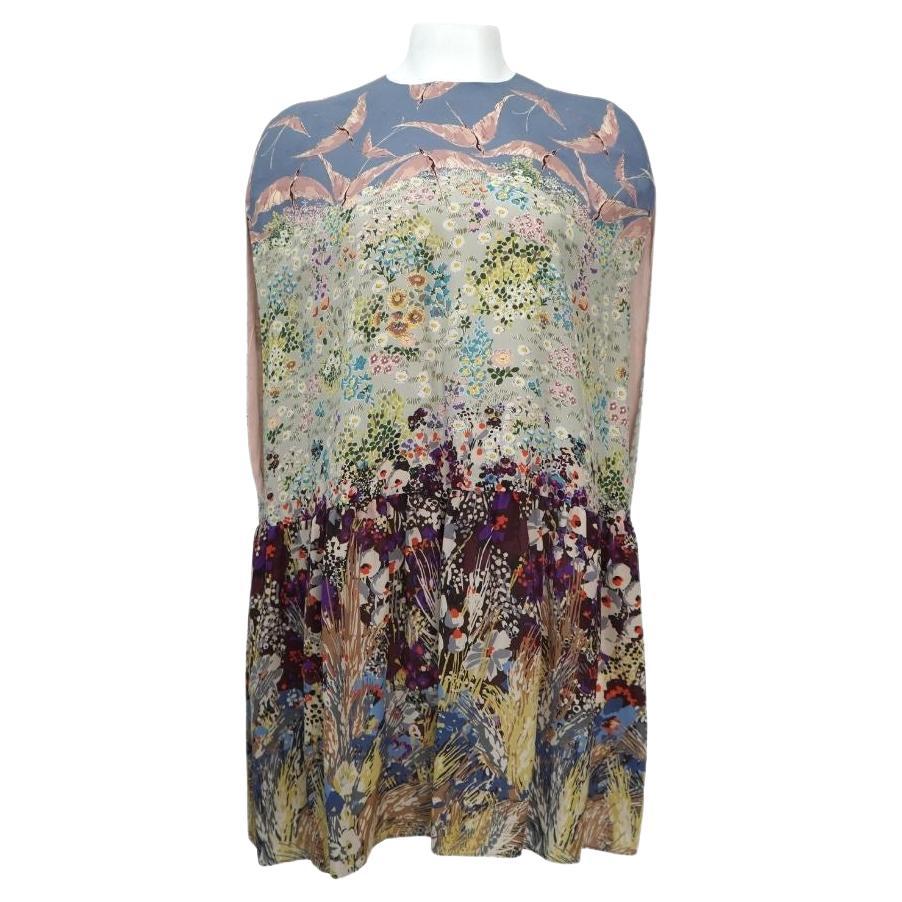 Valentino Multicolor Floral Landscape Silk Cape Mini Dress For Sale