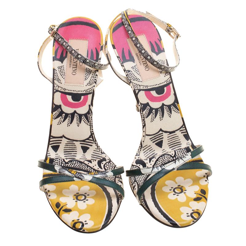 Beige Valentino Multicolor Floral Printed Leather Ankle Strap Open Toe Sandals Size 39
