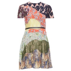 VALENTINO multicolor graphic print leather trim pleated lace insert dress IT40 S