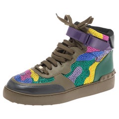 Valentino Multicolor Leather and Suede Crystal Embellished High Top Size 39.5