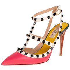 Valentino Multicolor Leather Black Rockstud Pointed Toe Ankle Sandals Size 38