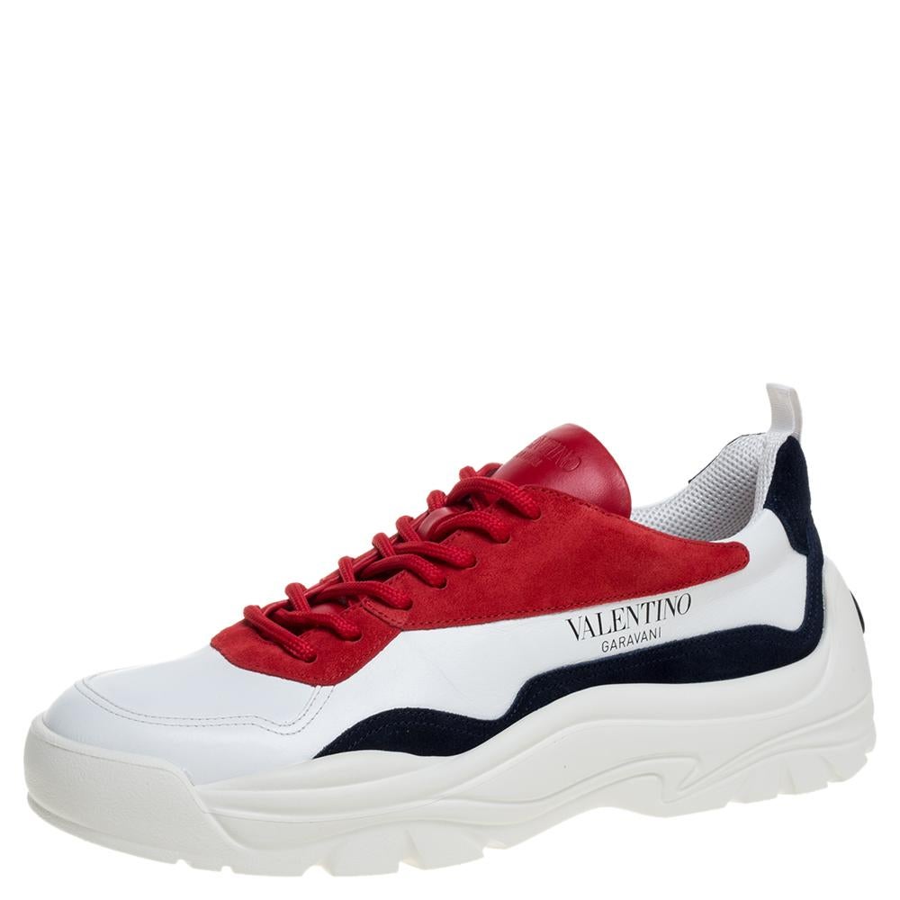Stay in comfort with these Chunky sneakers from the iconic house of Valentino. Crafted with quality leather in Italy, this multicolored pair has exaggerated rubber soles along with lace-up closure on the uppers and brand detailing on the sides.