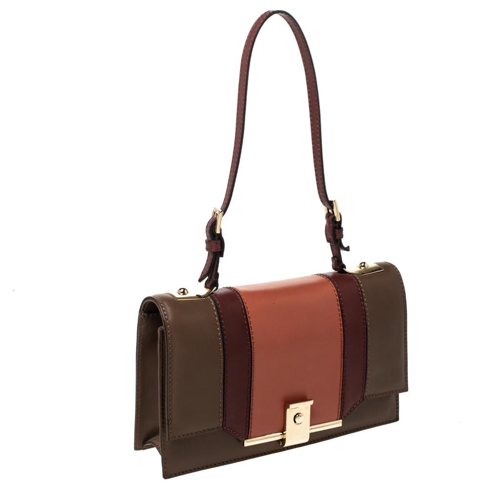 Brown Valentino Multicolor Leather Color Block Metal Flap Shoulder Bag