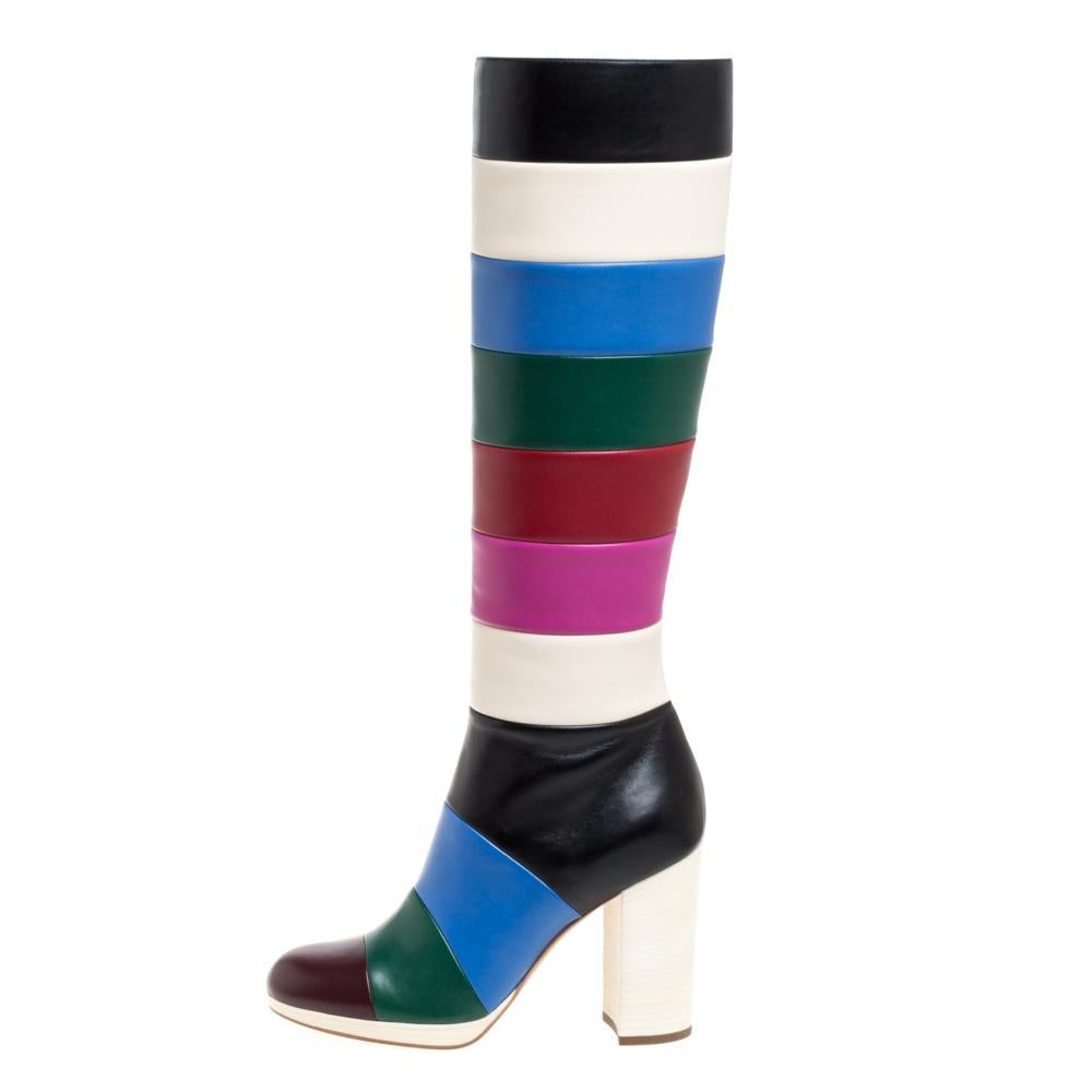 Perfect for the winter season, these Valentino knee boots are going to be your best buy. Crafted in durable and robust leather, the pair has been given a quirky and fun-spirited vibe with the eye-catching multicolored stripes that cover these boots,