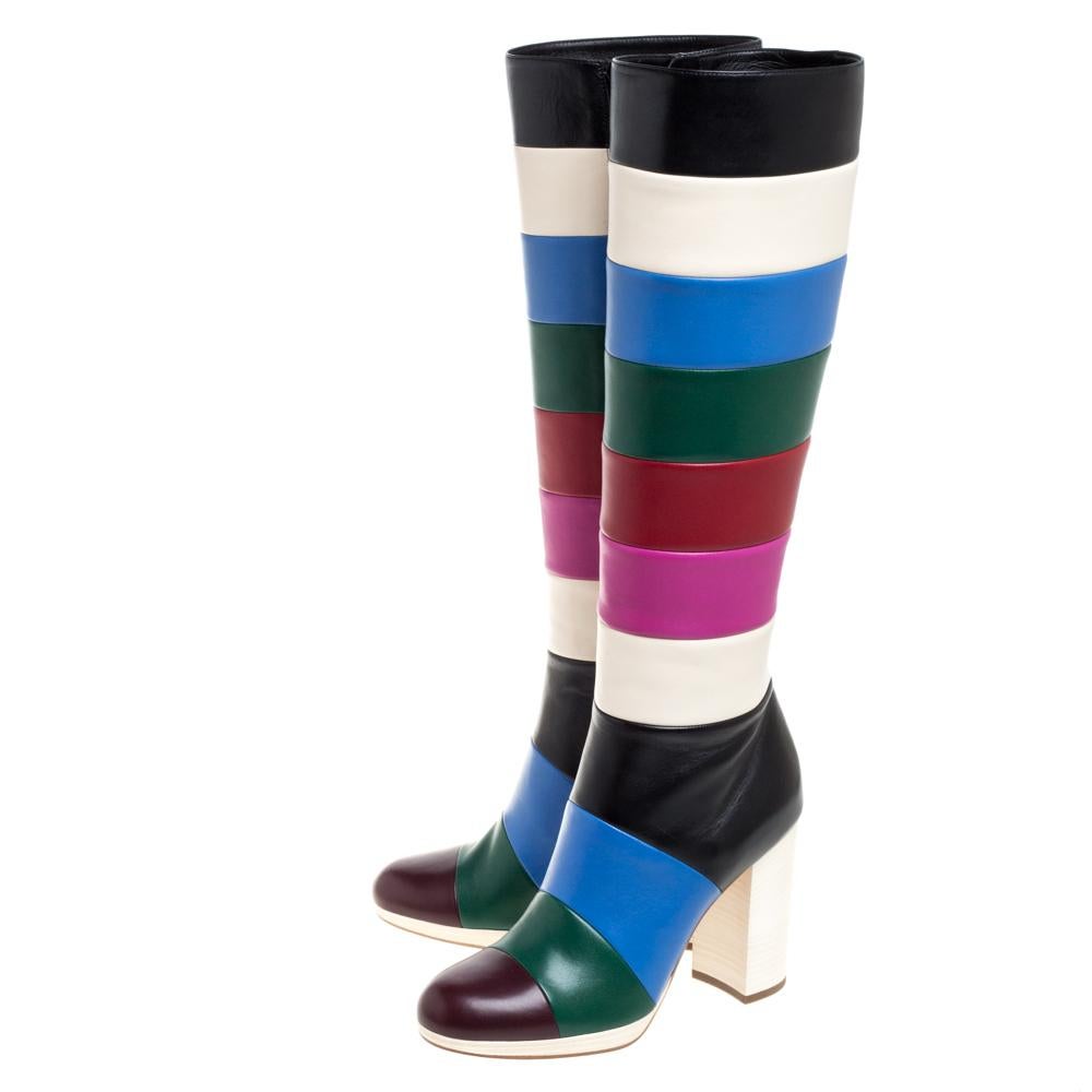 Purple Valentino Multicolor Leather Colorblock Zip Knee Length Boots Size 37