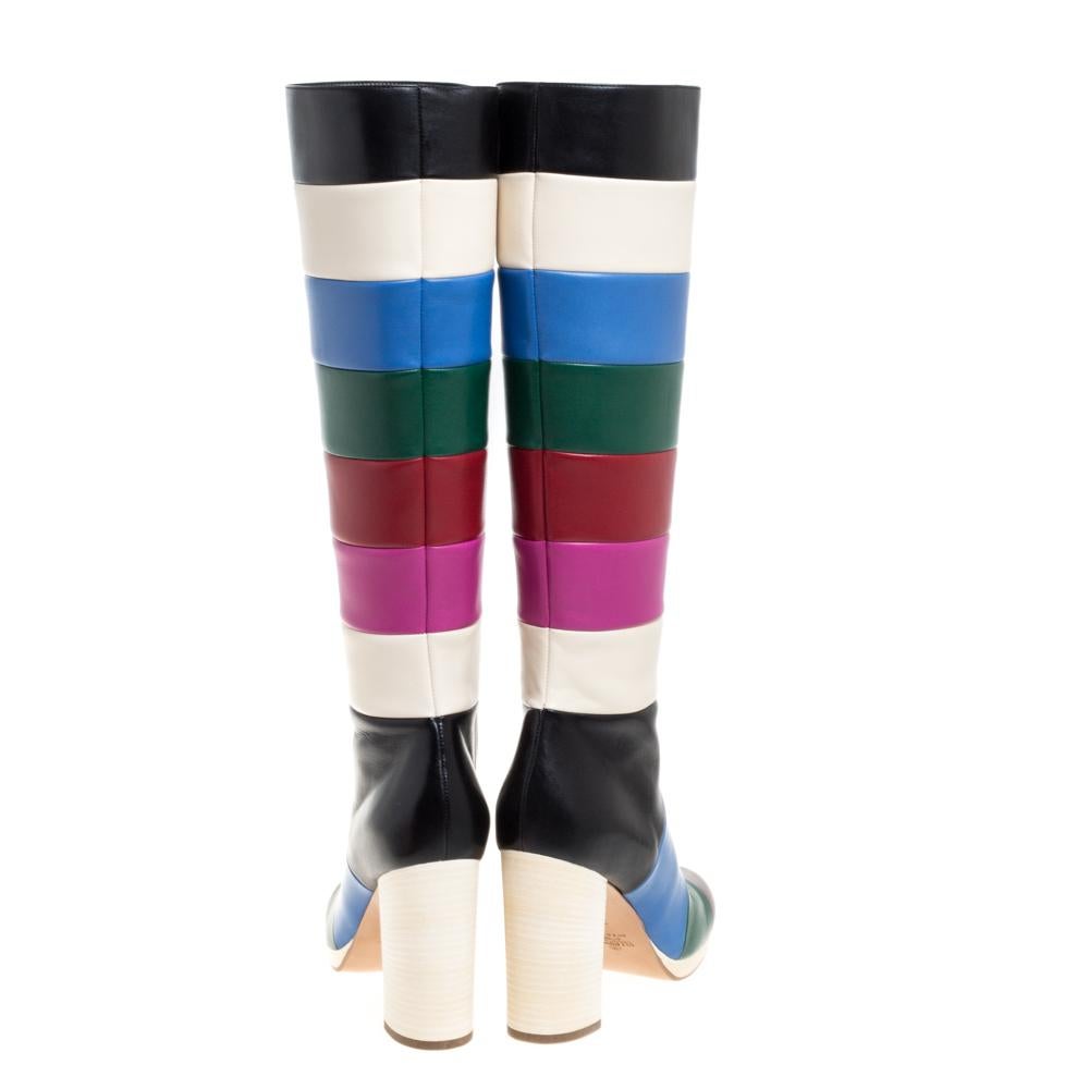 Valentino Multicolor Leather Colorblock Zip Knee Length Boots Size 37 2
