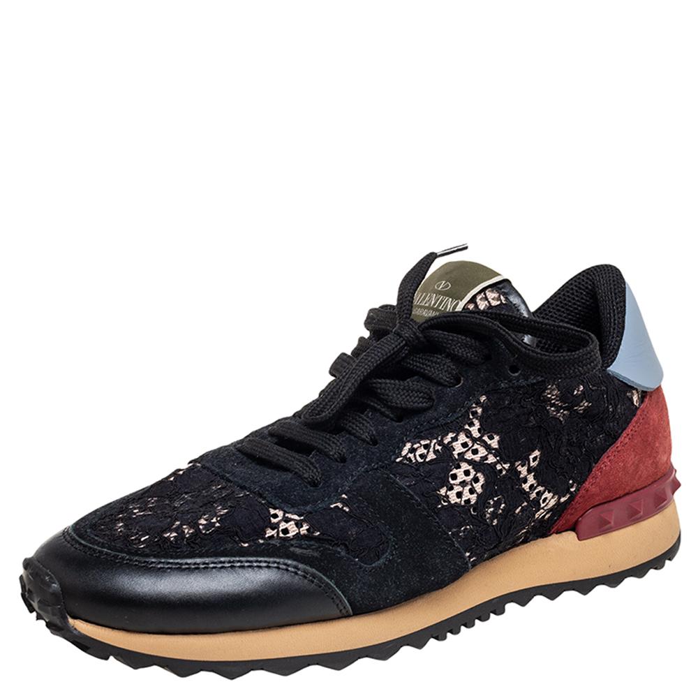 Black Valentino Multicolor Leather, Macrame Lace and Suede Rockrunner Sneakers Size 39