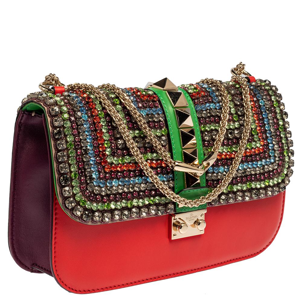 Brown Valentino Multicolor Leather Medium Embellished Rockstud Glam Lock Flap Bag