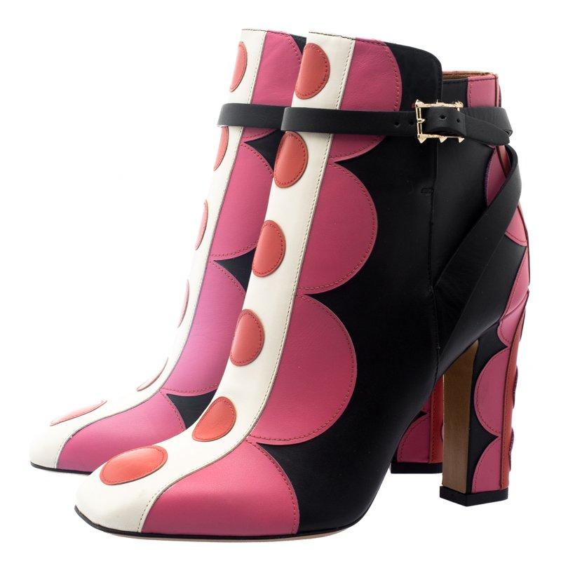 Pink Valentino Multicolor Leather Polka Dot Ankle Boots Size 37