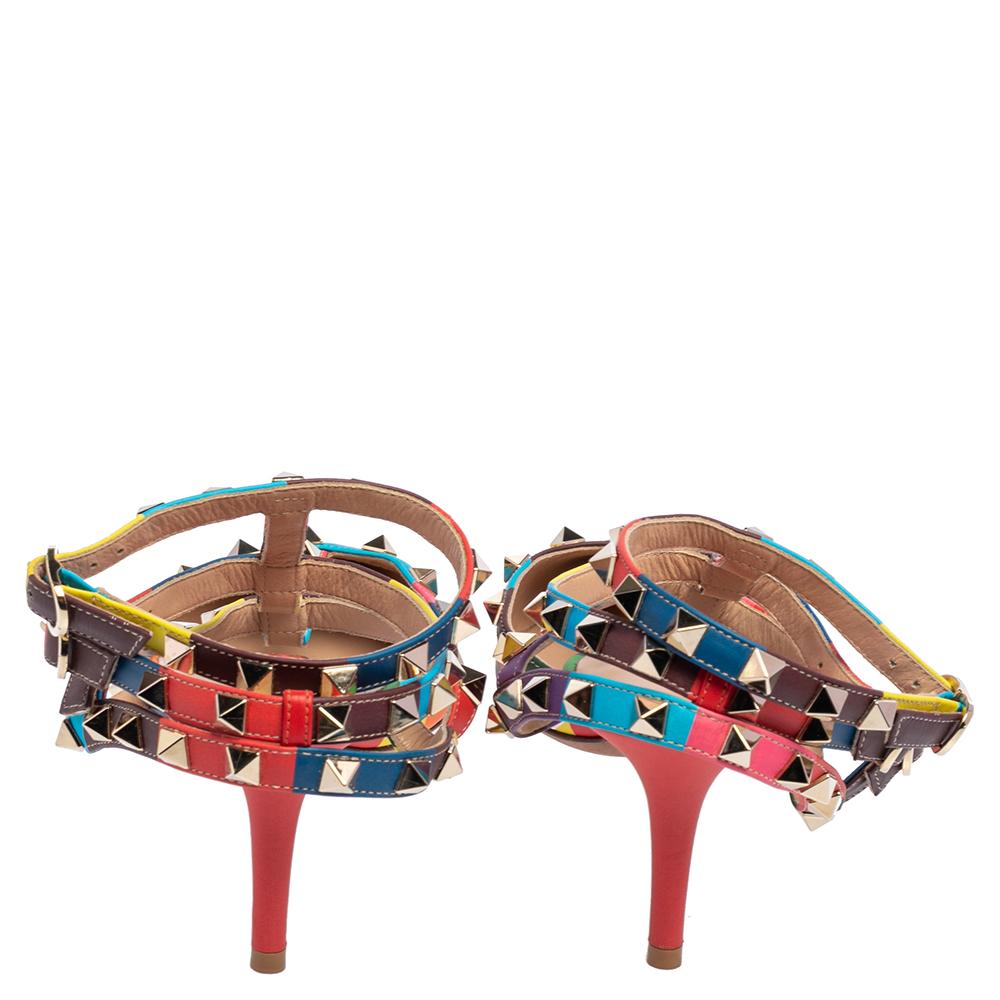 Beige Valentino Multicolor Leather Rockstud 1973 Ankle Strap Sandals Size 40.5