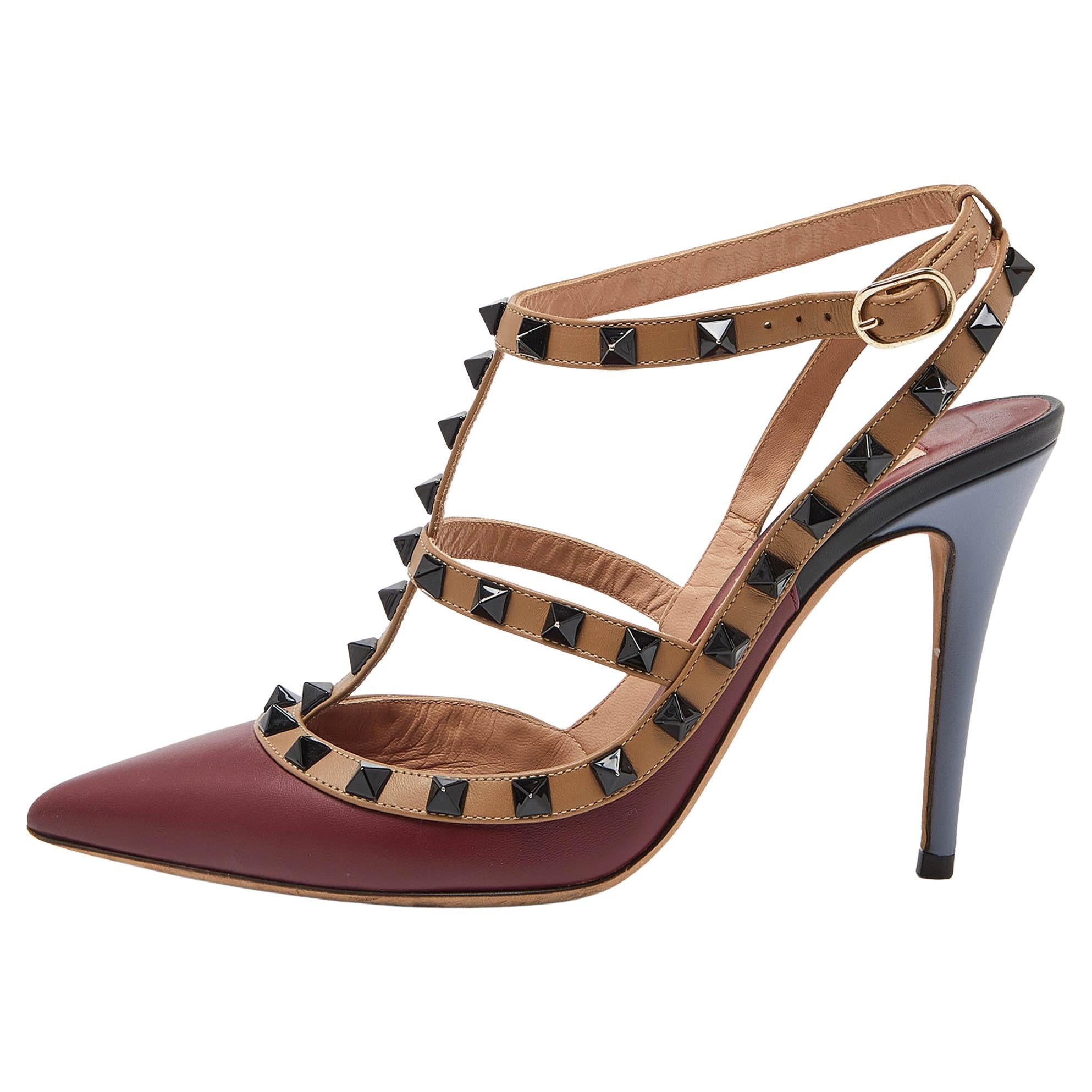 Valentino Multicolor Leather Rockstud Ankle Strap Cage Sandals Size 37.5 For Sale