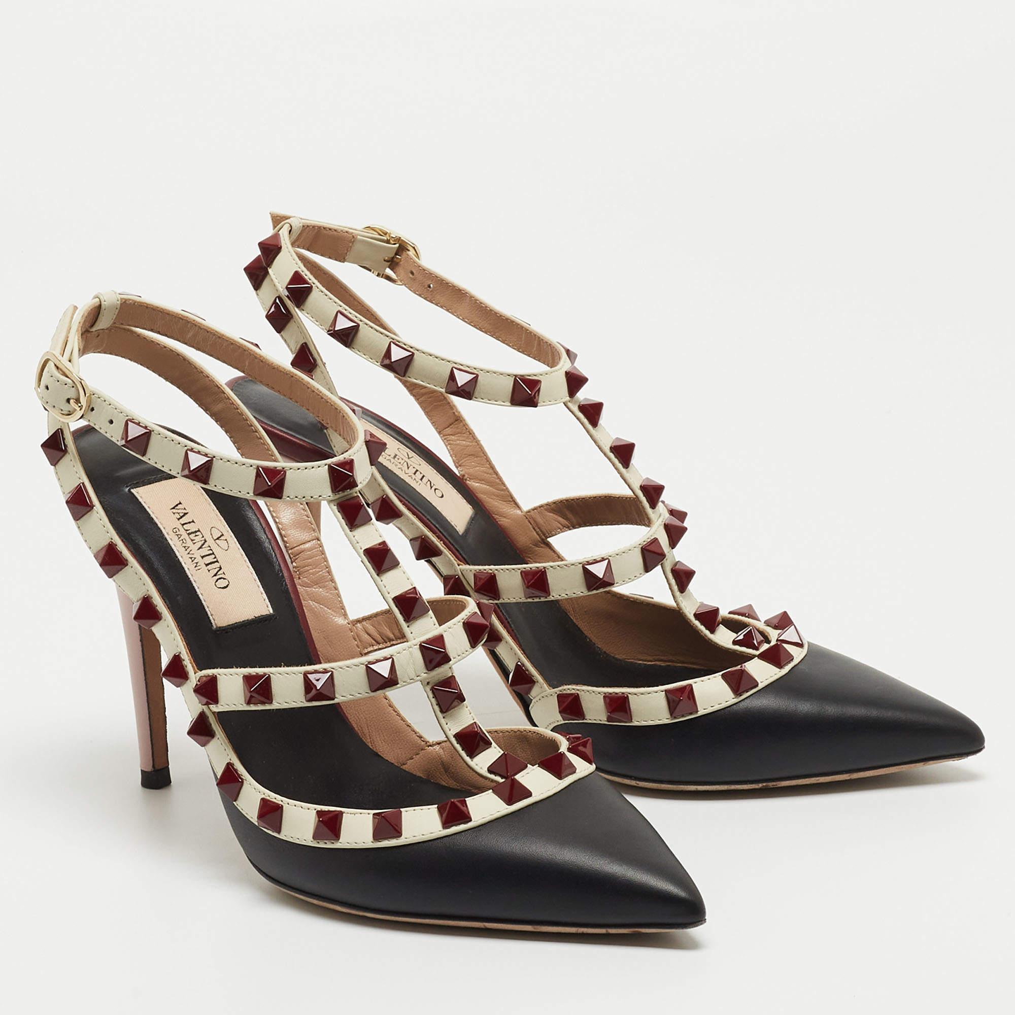 Brown Valentino Multicolor Leather Rockstud Ankle Strap Pumps