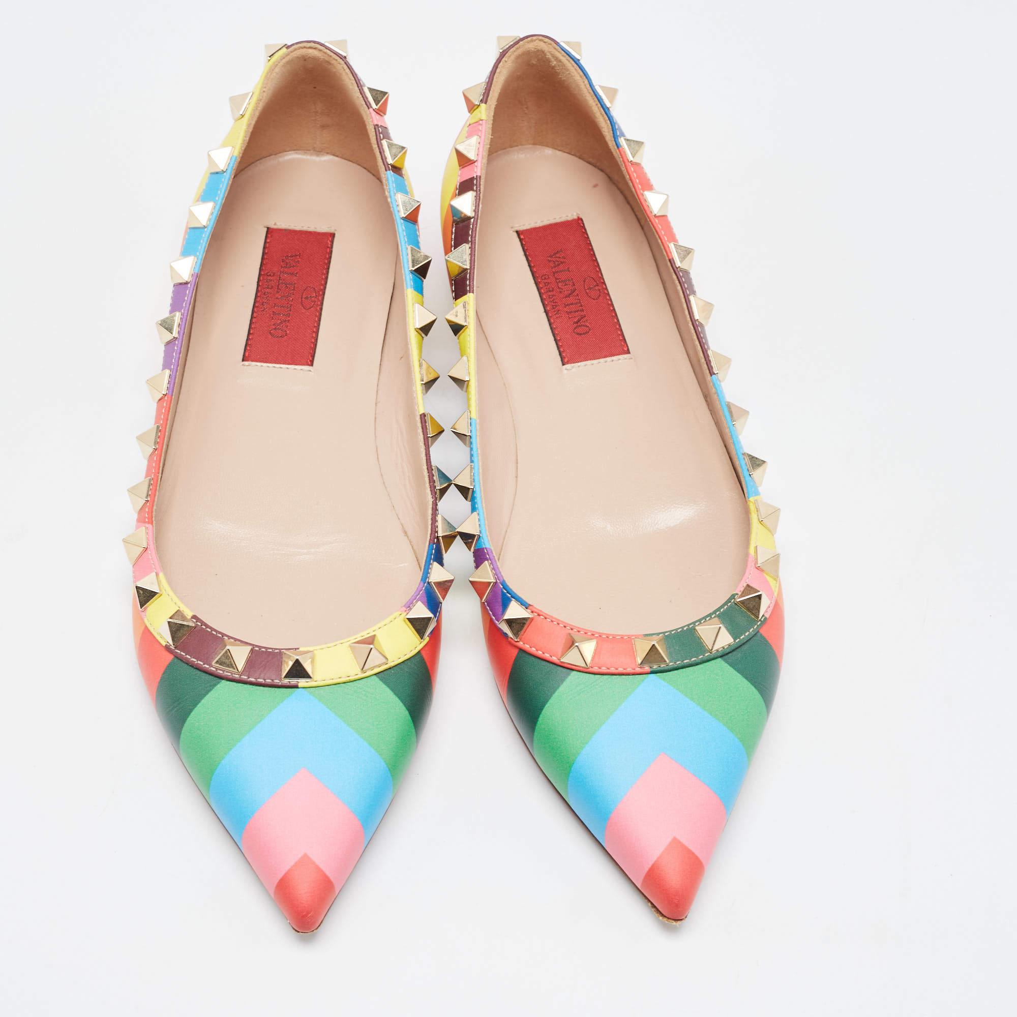 Women's Valentino Multicolor Leather Rockstud Ballet Flats Size 35 For Sale