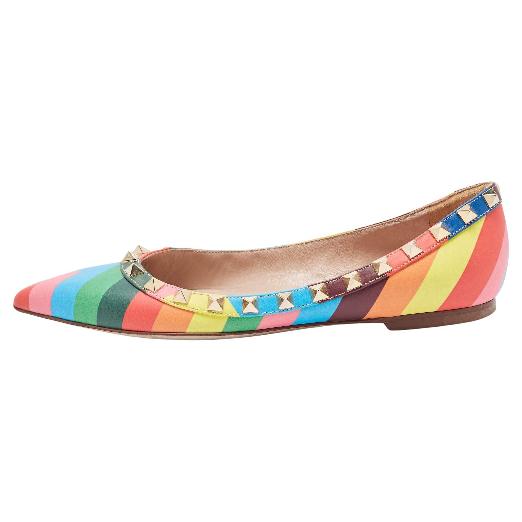 Valentino Multicolor Leather Rockstud Ballet Flats Size 35 For Sale
