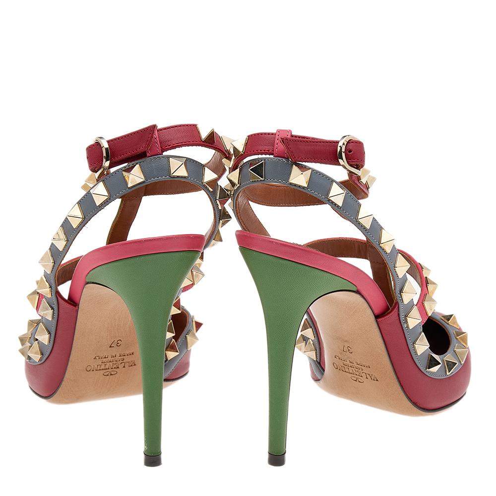 Brown Valentino Multicolor Leather Rockstud Pointed Toe Ankle Strap Sandals Size 37