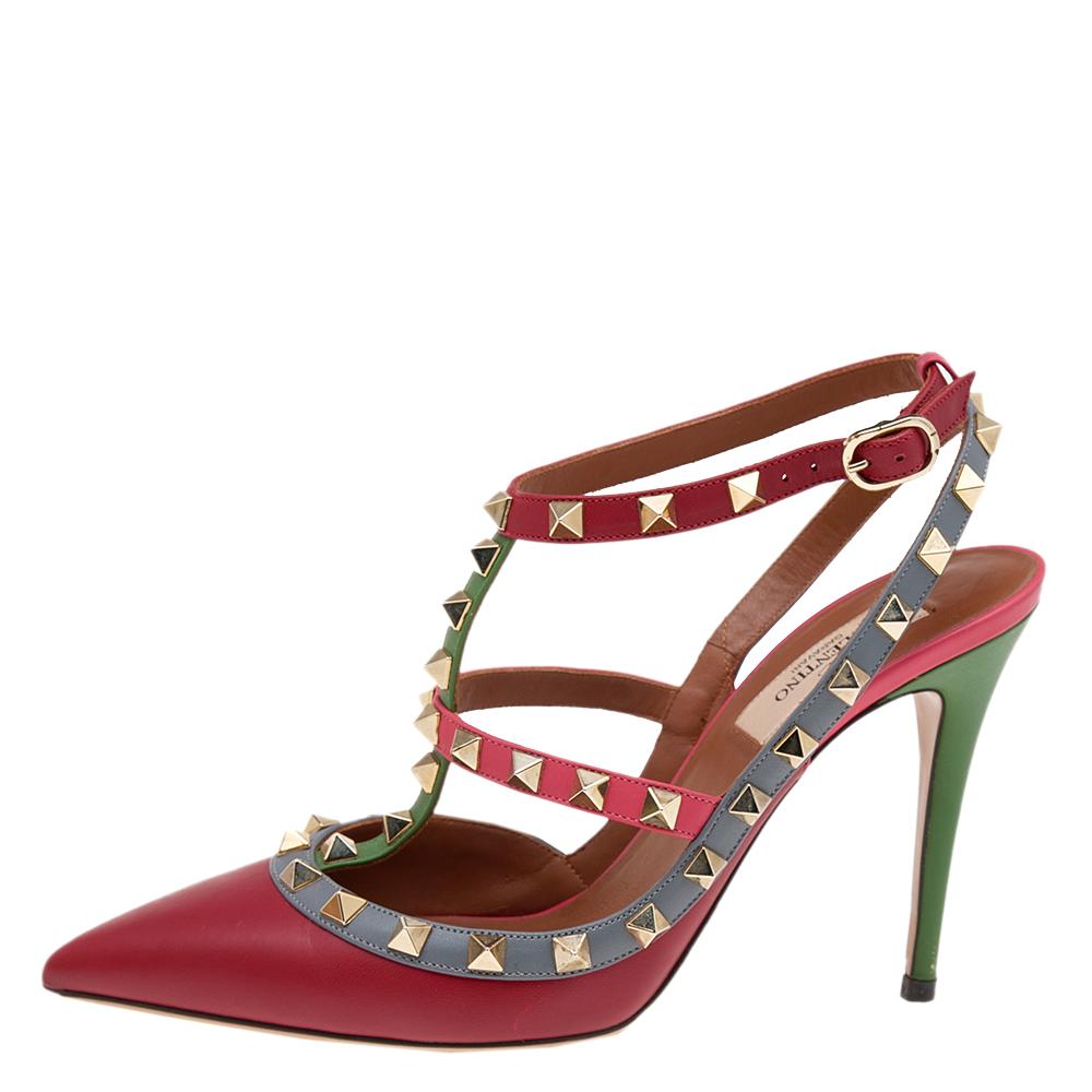 Women's Valentino Multicolor Leather Rockstud Pointed Toe Ankle Strap Sandals Size 37
