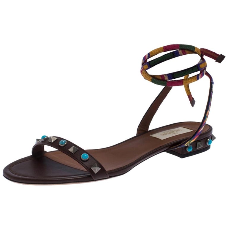 Valentino Multicolor Leather Rockstud Rolling Ankle Wrap Flat Sandals ...