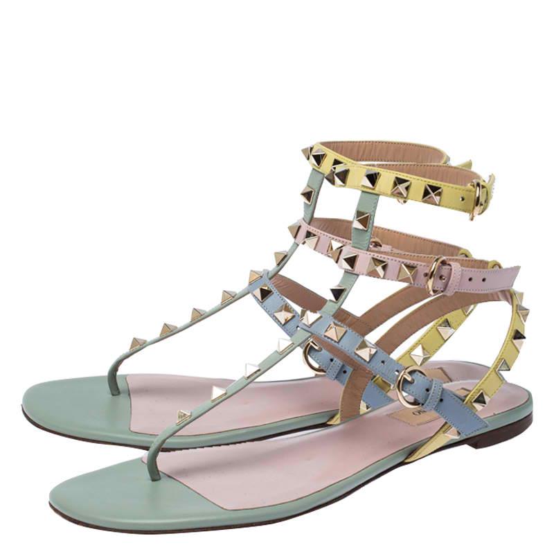 Valentino Multicolor Leather Rockstud Strappy Flat Sandals Size 38 2