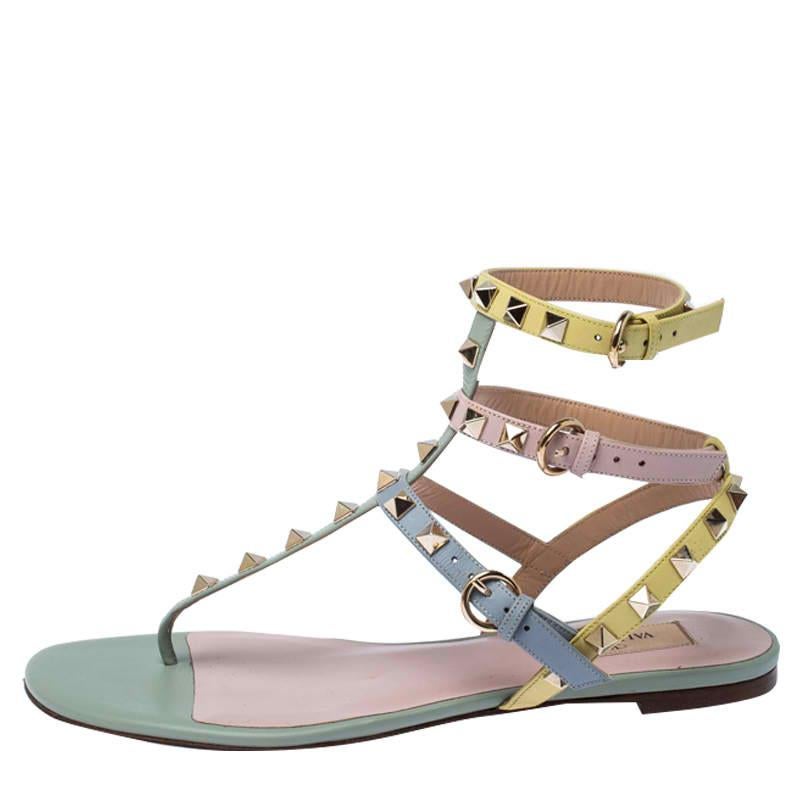 Valentino Multicolor Leather Rockstud Strappy Flat Sandals Size 38 3