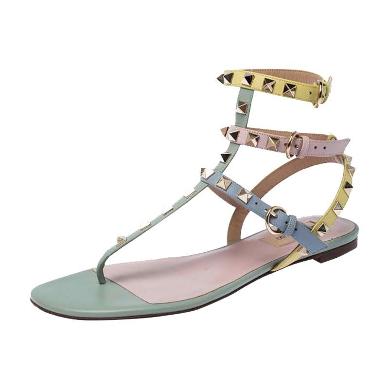 Valentino Multicolor Leather Rockstud Strappy Flat Sandals Size 38