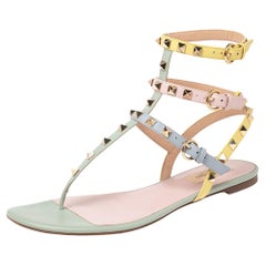 Valentino Multicolor Leather Rockstud Thong Ankle Strap Flat Sandals Size 39
