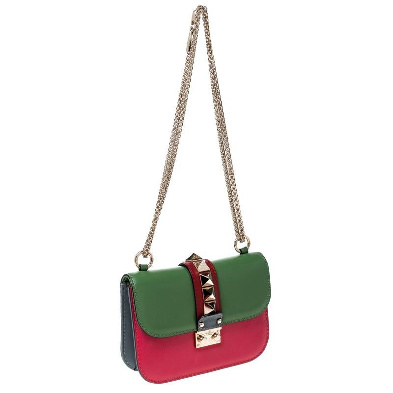 Valentino Multicolor Leather Small Rockstud Glam Lock Flap Bag In Good Condition In Dubai, Al Qouz 2