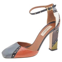 Valentino Multicolor Leather Studded Ankle Strap Block Heel Pumps Size 37.5