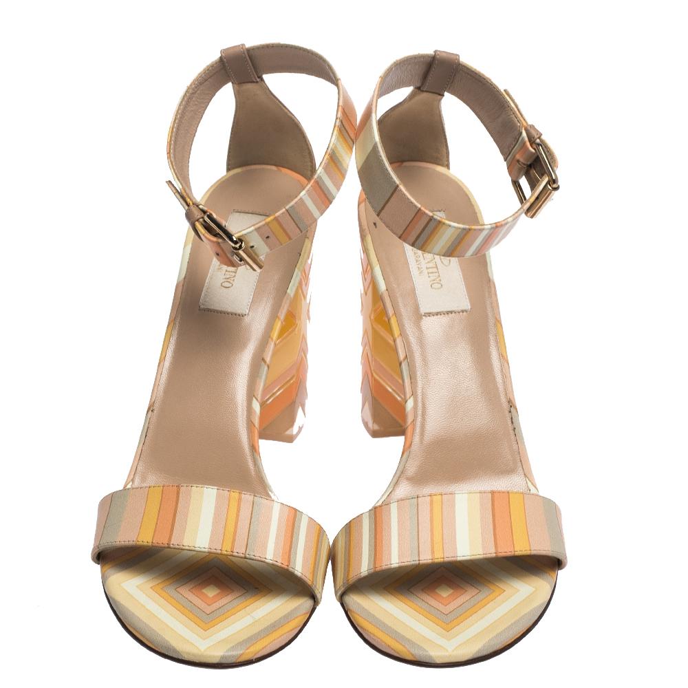 Brown Valentino Multicolor Native Print Leather and Plexiglass Heel Sandals Size 39