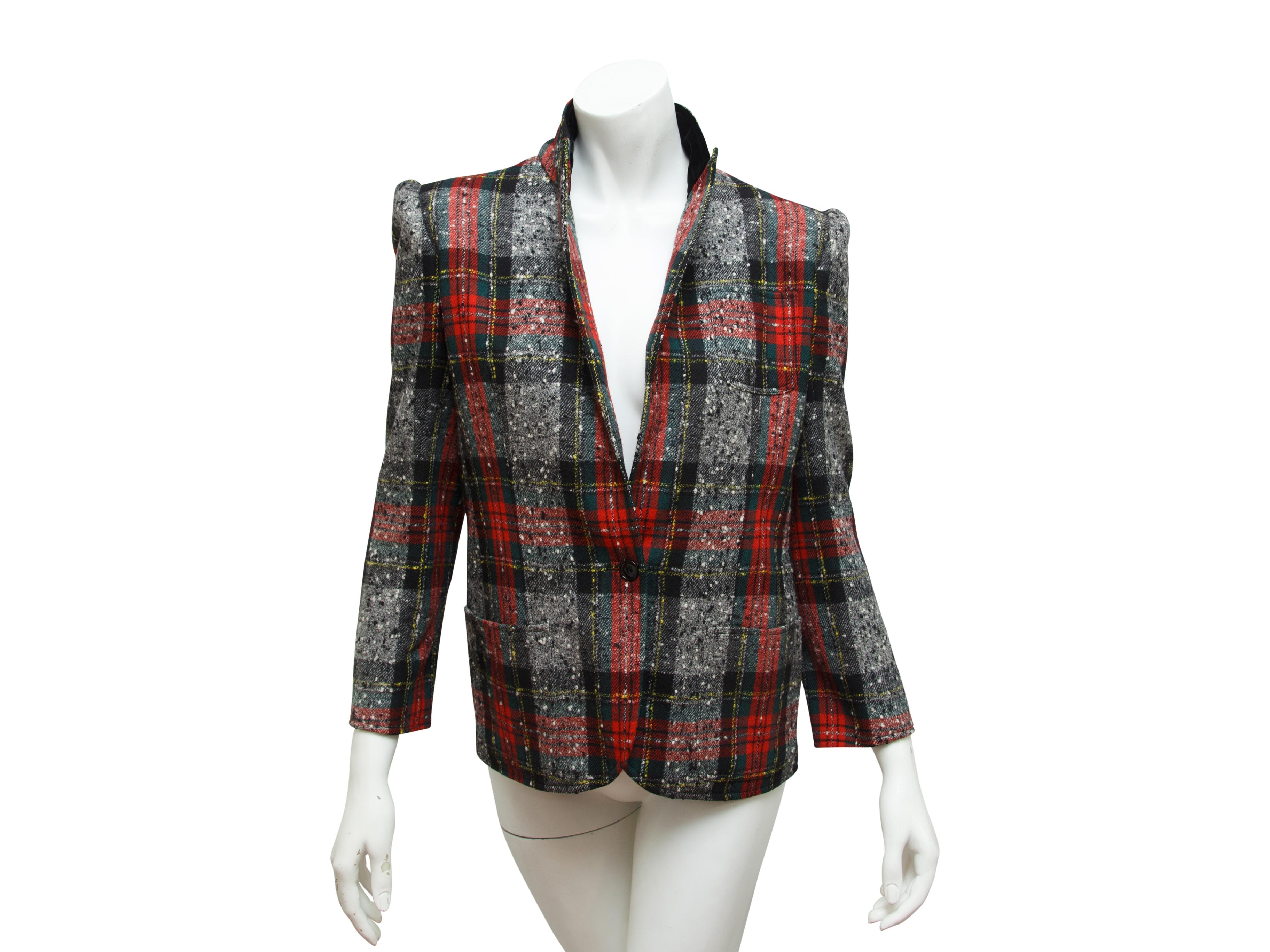 Product details:  Vintage multicolor plaid tweed blazer by Valentino.  Black velvet collar.  Peak lapel.  Long sleeves.  Single-button closure.  Chest and waist patch pockets.  35