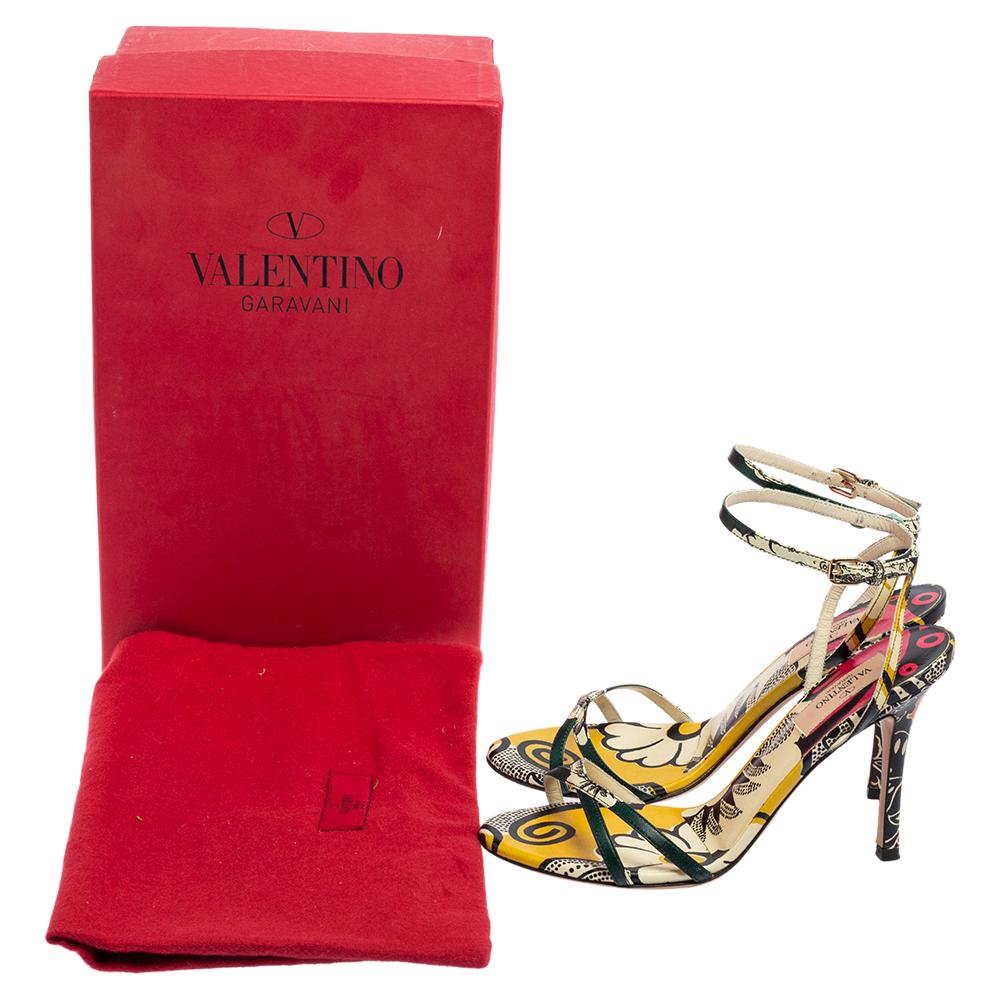 Beige Valentino Multicolor Printed Leather Criss-Cross Ankle-Strap Sandals Size 36.5 For Sale